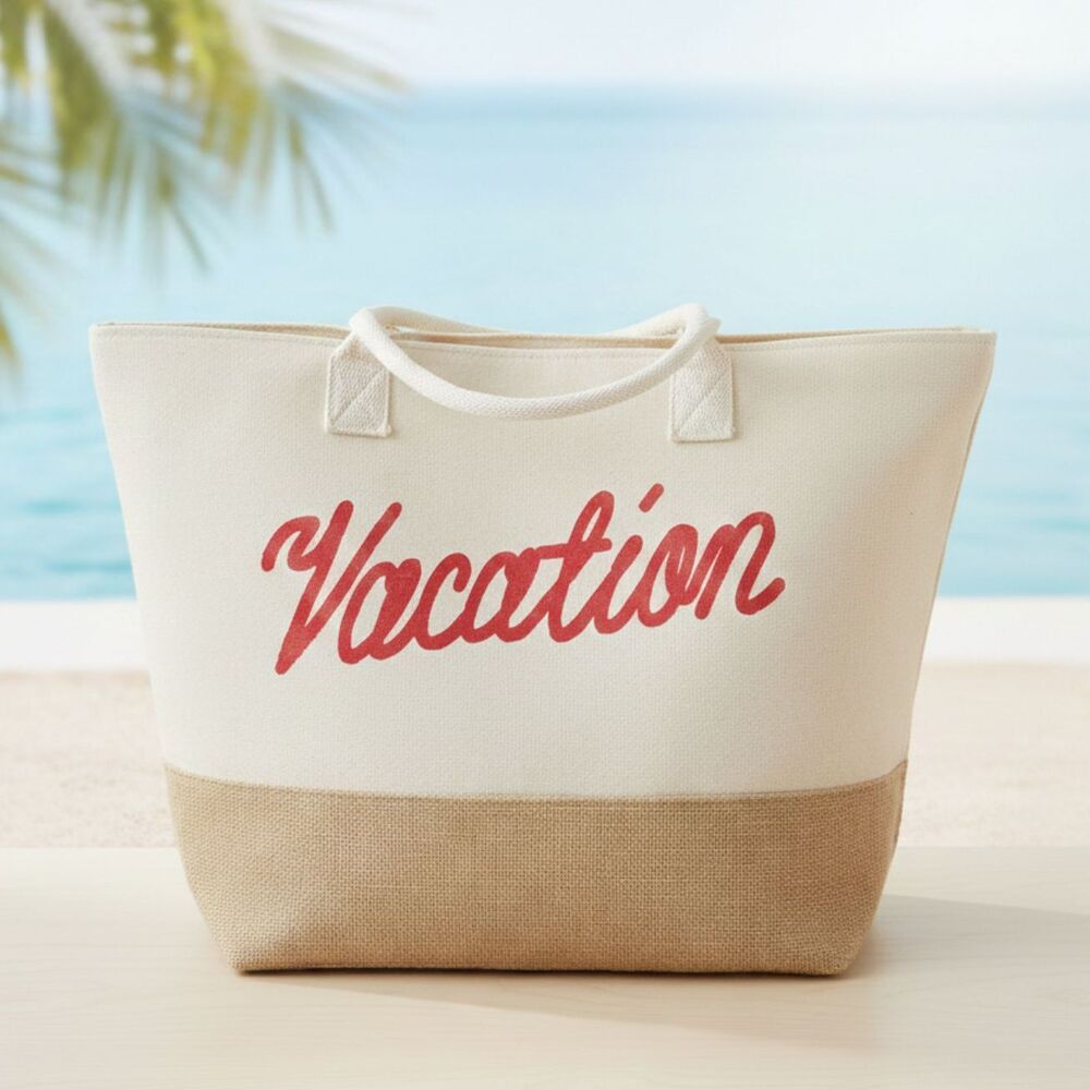 Canvas Jute Beach Travel Vacay Summer Tote Big Vacation Bag